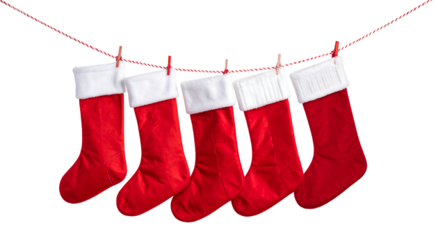 Five red christmas stockings with white cuffs hanging on a red string with clothespins, cutout