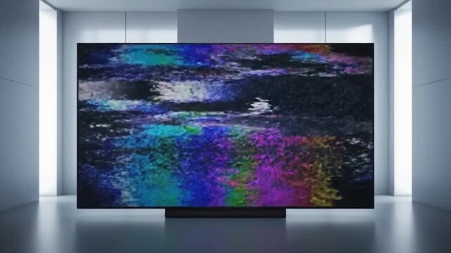 A large screen displays a colorful static pattern in a minimalist modern room with reflections
