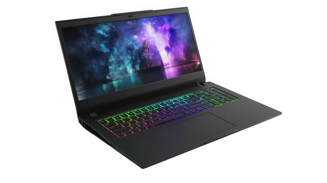 Modern gaming laptop with colorful keyboard isolated on transparent background