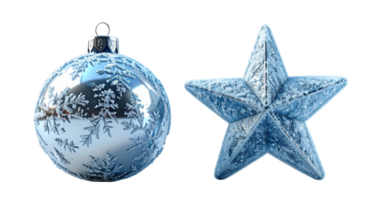Frosted Bauble and Star Ornament Bundle, isolated on transparent background