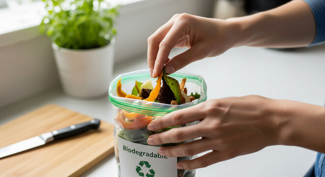 Hands putting organic food waste into a biodegradable bag for composting