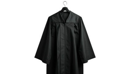 A formal black academic robe hangs centered against a solid black backdrop