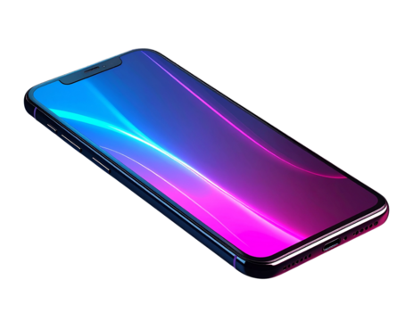 Futuristic Smartphone with Neon Reflections on Glossy Black Surface PNG