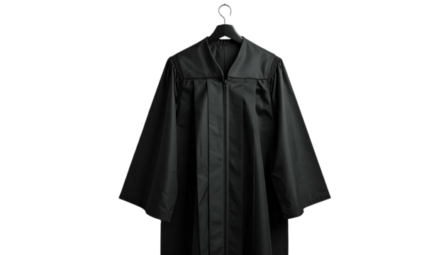A formal black academic robe hangs centered against a solid black backdrop