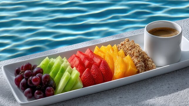 Refreshing Poolside Breakfast Platter With Fresh Grapes Sliced Melons Strawberries Oranges And A Cup Of Coffee Next To Sparkling Blue Water On A Sunny Day - Powered by Adobe
