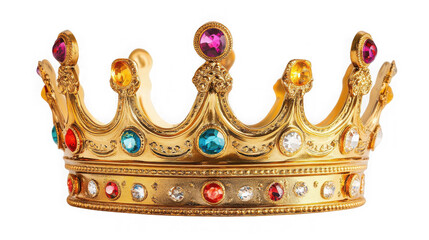 Golden crown with colorful gems isolated on transparent background for royalty concept