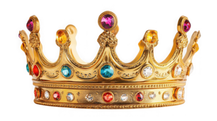 Golden crown with colorful gems isolated on transparent background for royalty concept