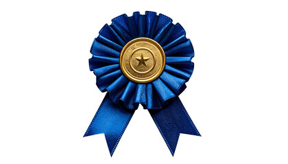 Close-up of a blue ribbon with gold center and star emblem on a black background