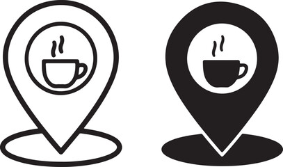 Coffee shop location map pin icon set, showing outline and solid filled versions for cafe, restaurant, and beverage finder applications. isolated on white background, Vector, illustration
