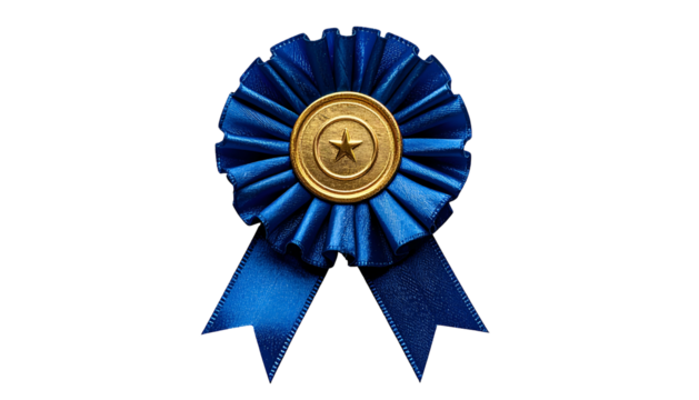 Close-up of a blue ribbon with gold center and star emblem on a black background
