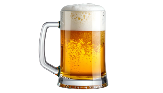 A full, tall glass mug of cold, golden-hued ale with a thick, frothy, white head