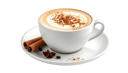 Cappuccino in white cup with cinnamon, star anise, and coffee beans on a saucer