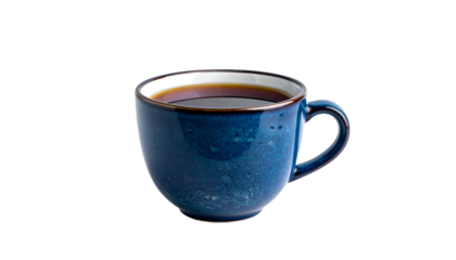 A blue ceramic mug filled with dark liquid, likely coffee, set against a black background