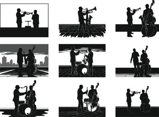 Jazz musicians performing silhouette illustration, trumpet bass drum trio band art, city skyline background, urban nightlife performance concept, vector jazz concert design © It's Majed Here