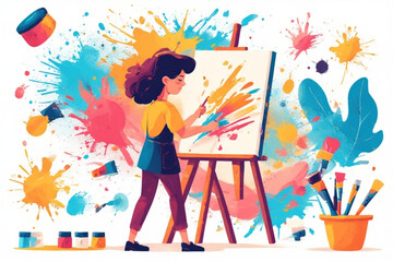 A young artist paints on a canvas, surrounded by colorful paint splashes.