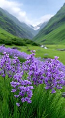 Obraz premium Vibrant purple alpine flowers carpet a lush green valley with majestic misty mountains and a winding stream under a cloudy sky