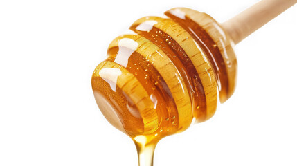 Honey dripping from a wooden dipper isolated on transparent background, studio shot