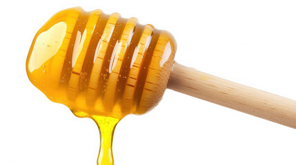 Honey dripping from a wooden dipper isolated on transparent background, macro shot