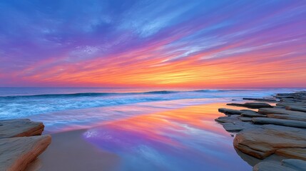 Vibrant Sunset Over Ocean Waves Crashing on Rocky Shoreline With Dramatic Colorful Sky and Reflections