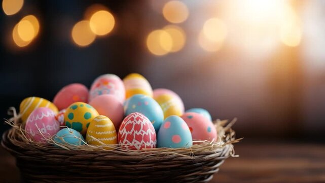 Colorful decorated eggs in a nest basket on a wooden surface with festive bokeh lights