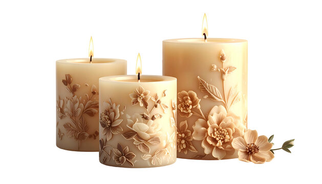Three cream-colored pillar candles with floral relief designs, lit with glowing flames