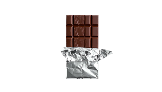 Dark chocolate bar, partially unwrapped, on black background