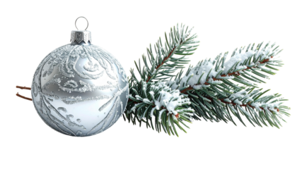Frosty Silver Ornament and Pine Branch Bundle, isolated on transparent background 