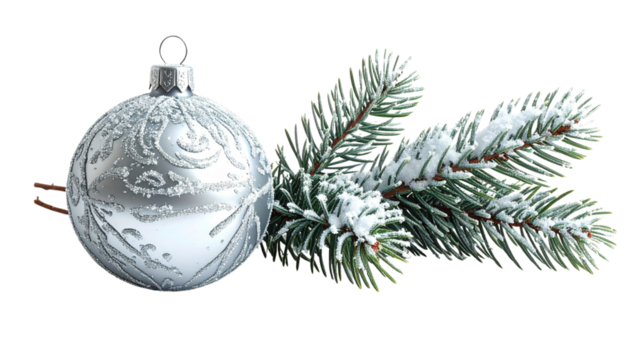 Frosty Silver Ornament and Pine Branch Bundle, isolated on transparent background 