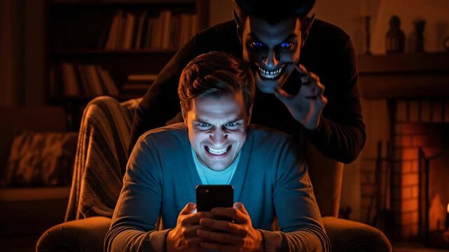 Devil Tempting Man on Smartphone represents temptation, dark impulses, sin, vice, online hate, cyberbullying, doomscrolling, addiction.