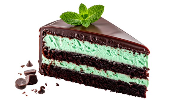Triangular slice of layered cake featuring chocolate, mint layers & garnish, dark background