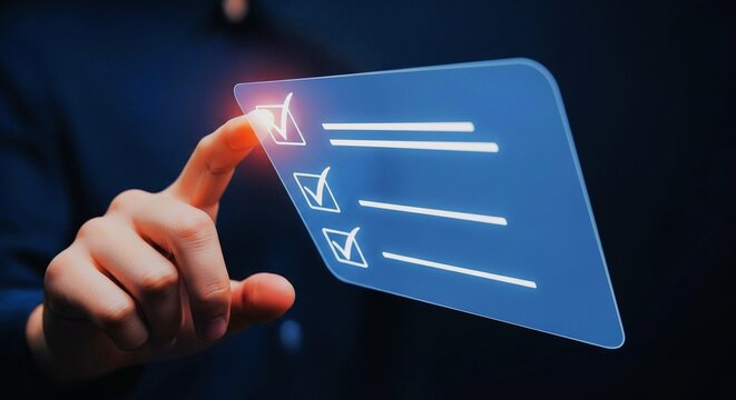 A person's finger touching a digital checklist on a transparent screen, completing tasks.