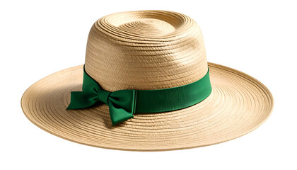 A wide-brimmed straw hat with a green ribbon tied in a bow, set against black