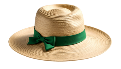 A wide-brimmed straw hat with a green ribbon tied in a bow, set against black