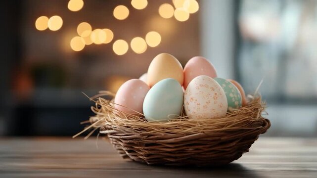 Pastel colored eggs in rustic nest basket with warm bokeh background