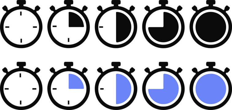 stopwatch timer progress icon set, time counting vector illustration