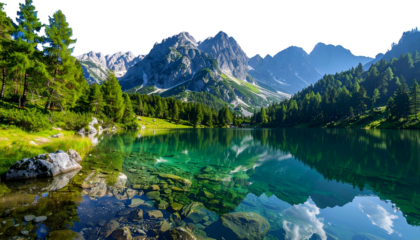 Tranquil alpine lake scene, reflecting mountains, lush trees, and clear, turquoise water