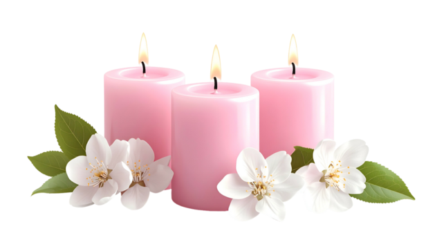 Three pink pillar candles with lit flames and white flowers, leaves on black