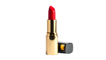A bright red lipstick with a golden case and black cap, set against a black backdrop
