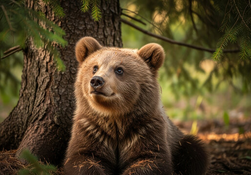 Curious brown bear cub rests beneath pine tree in forest sunshine, gazing upward with relaxed expression and soft fur illuminated by warm afternoon light