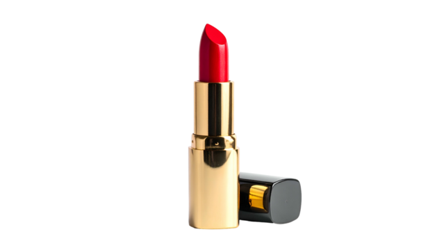 A bright red lipstick with a golden case and black cap, set against a black backdrop