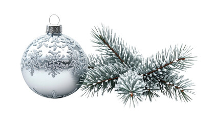 Frosty Silver Ornament and Pine Branch Bundle, isolated on transparent background