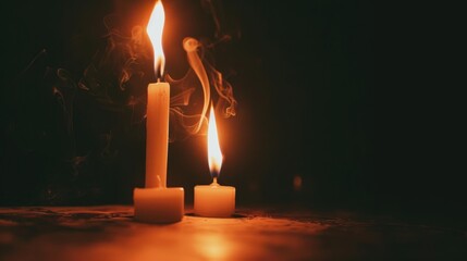 Flickering candlelight: Two burning wax candles with smoke in a dark, tranquil setting, creating a spiritual atmosphere.