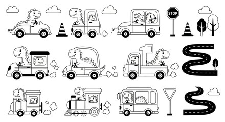 Set of cute cartoon dinosaurs driving cars and trains, black and white vector illustration for coloring book © Avra