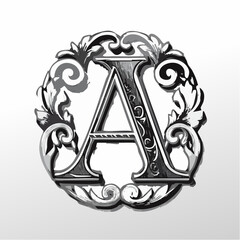 Letter A with 3d bevel classic ornaments, engraving, and linocut black and style illustration