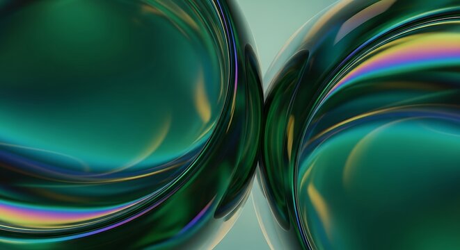 Abstract emerald fluid spheres with colorful light reflections
