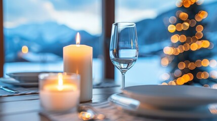 Cozy Winter Holiday Dining Table with Candles, Snowy Mountain View, and Festive Bokeh Lights