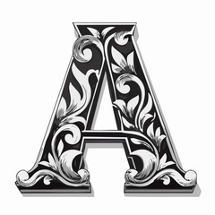 Letter A with 3d bevel classic ornaments, engraving, and linocut black and style illustration
