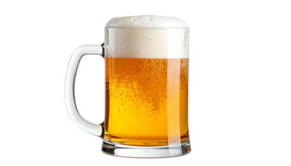A frosty glass mug filled with golden amber liquid and topped with a thick white foam