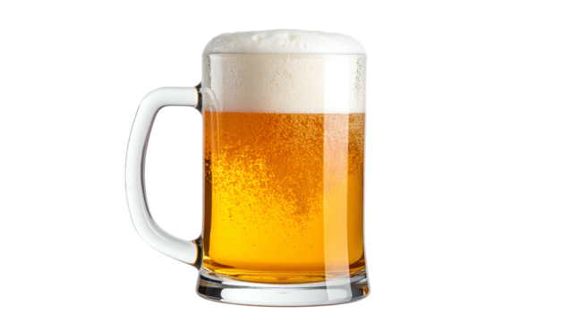 A frosty glass mug filled with golden amber liquid and topped with a thick white foam