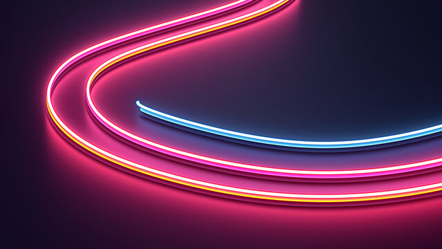 暗い背景にカーブして並ぶカラフルなネオン管